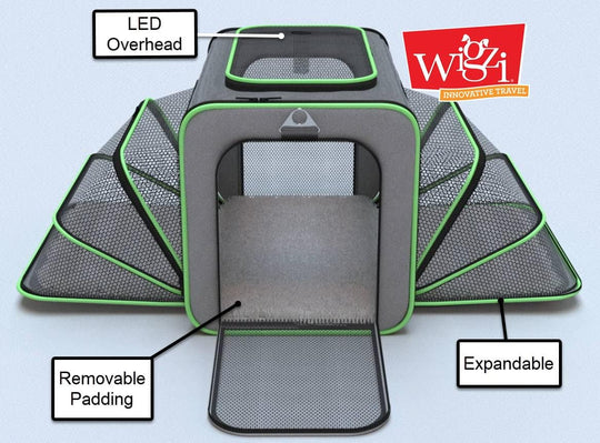 Wigzi Expandable Pet Travel Carrier for Cats, Small Dogs and Pets Up to 20lbs with Rechargeable Interior LED Light - TSA Airline Approved, Expandable Soft Sided Walls, 4-Doors and Removable Padding