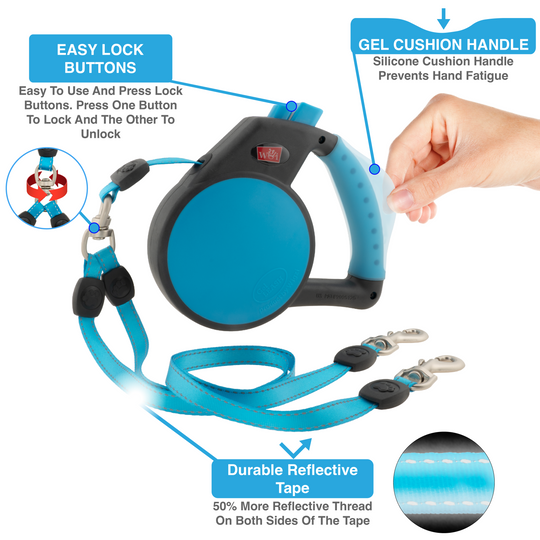 Double Dog Retractable Leash with Coupler  - Gel Handle Included