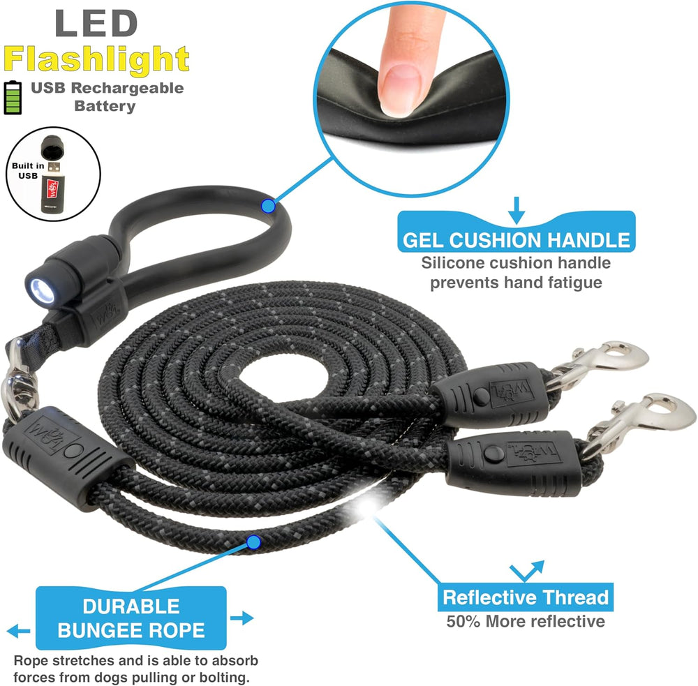 Wigzi - 2025 Edition -Dual Doggie Flex Walk with LED Two Dog Leash. 360 Degree no Tangle, Thick Durable Reflective Ropes, Silicone Extra Soft Comfort Handle, 6ft, Color Black, 5lbs-175 lbs Dogs OK